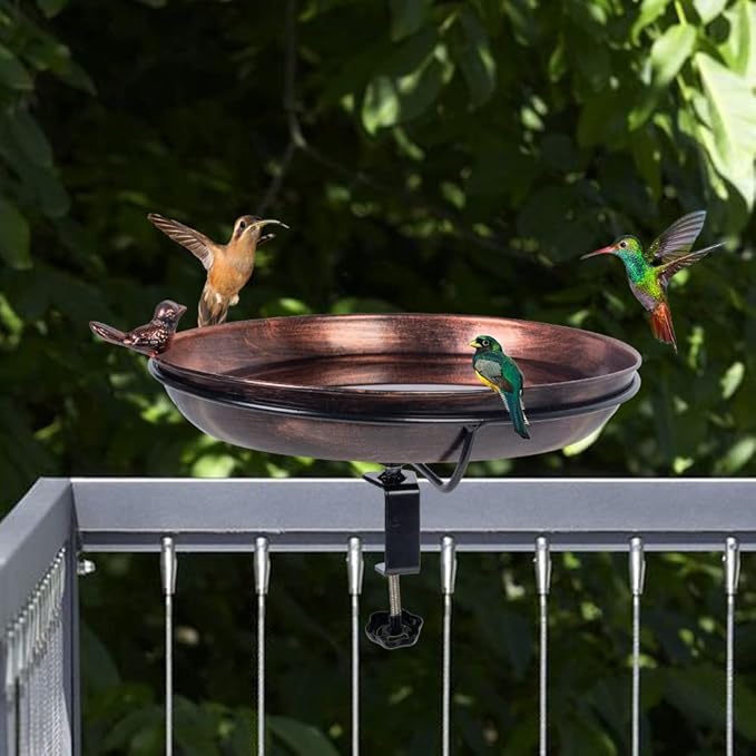 DREAMSOUL Deck Mounted Bird Bath with Adjustable Sturdy Metal Clamp, Bowl Bird Baths for Outdoors Garden Balcony Patio Deck Railing Decoration, Lightweight & Detachable