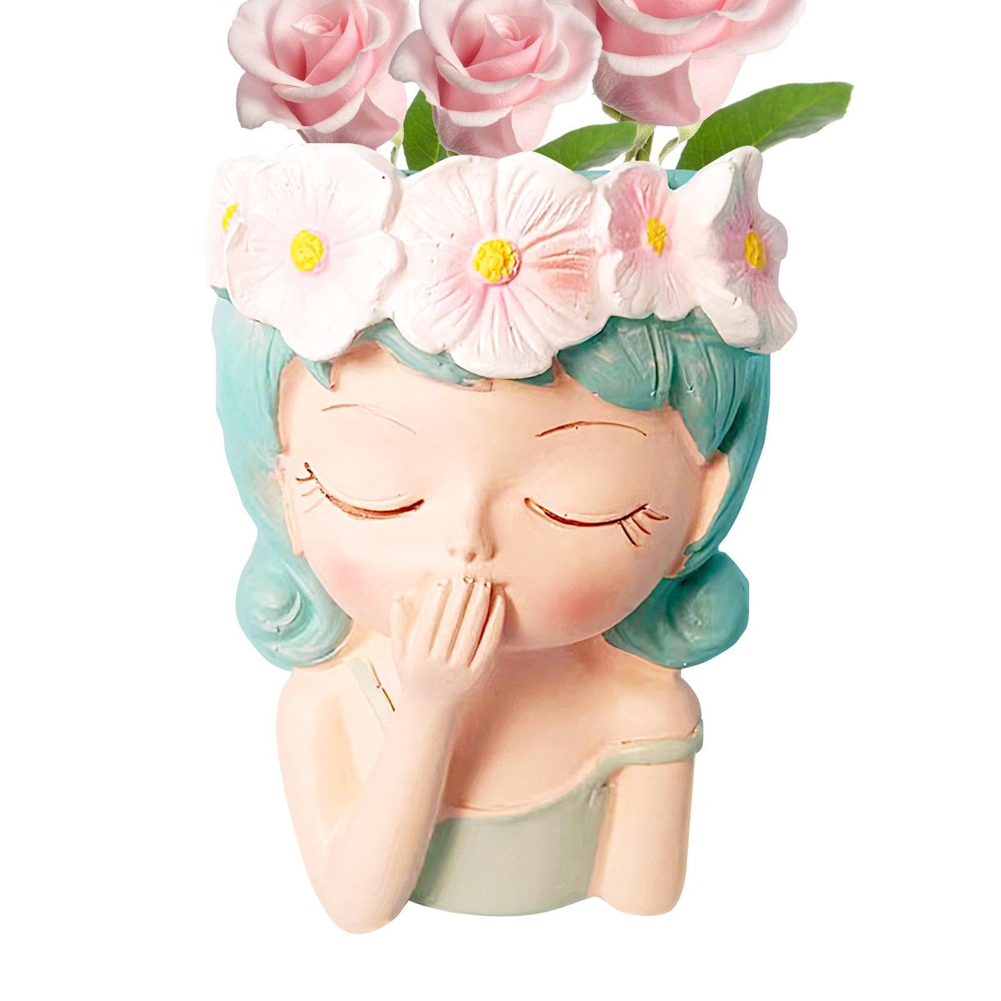 Flower Face Planter - Head Planter, Face Planters | Resin Planter with Drainage, Painted for Girl, Eyes Closed, Cactus Vase for Balcony, Indoor Outdoor Garden
