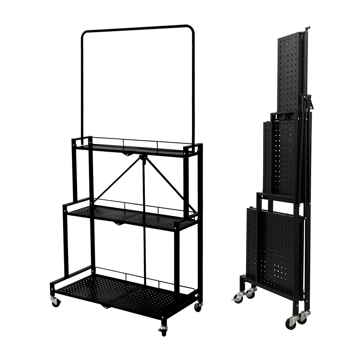 lumizone Foldable 4-Tier Plant Stand Indoor Outdoor Hanging Plant Shelf No Assembly Required Pot Placement Area With Wheels Sturdy Fall Prevention Storage Shelf Flower Pot Stand(4 Tier-Black)