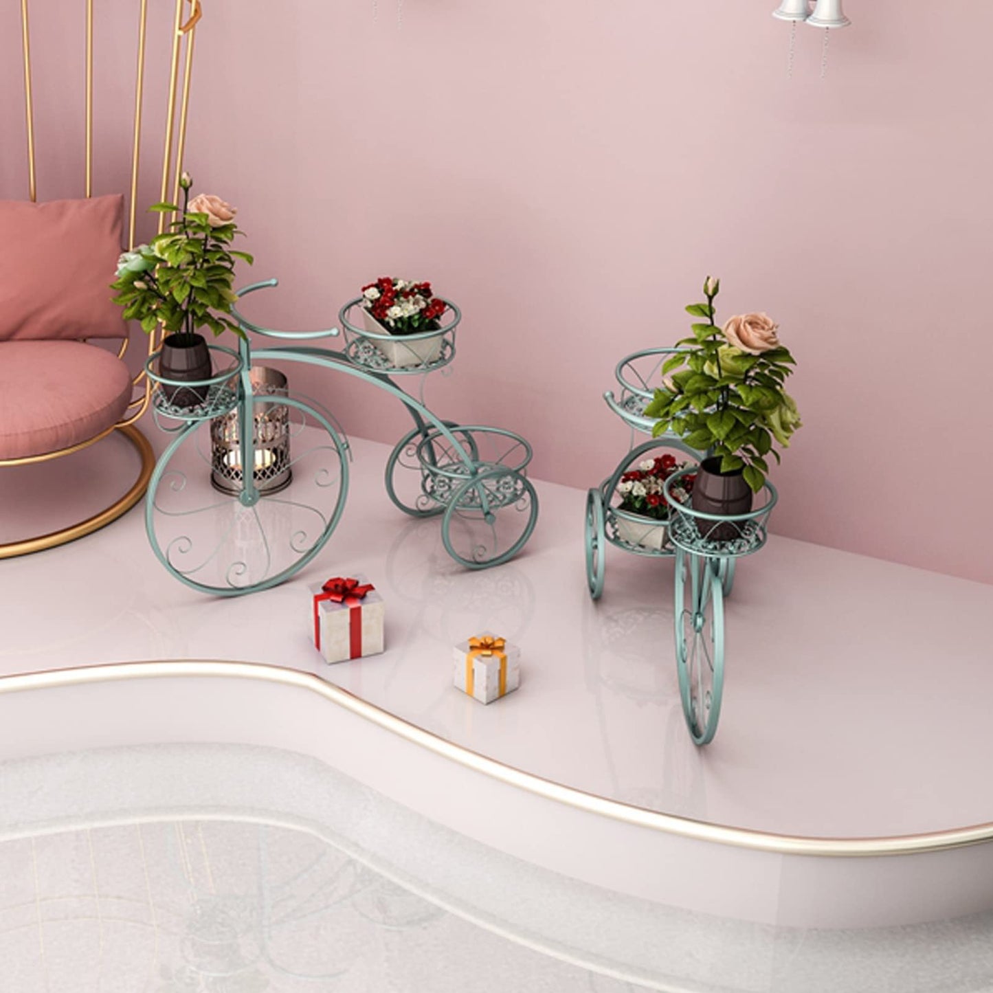 Metal Planter Rack, Bicycle Shape | Plant Flower Display Stand | Plant Shelf Indoor Outdoor Garden | Tiered Plant Stand Holder Display Stand, 3 Potted ,Blue