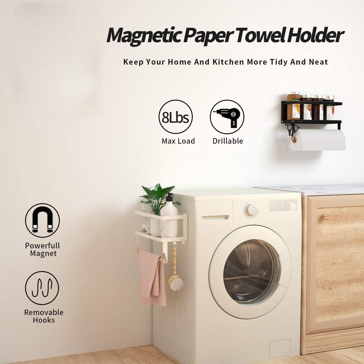 Magnetic Paper Towel Holder for Refrigerator, Magnetic Spice Rack,Magnetic Shelf for Stove,Wall Mount Towel Rack with Hooks,Refrigerator Organizer for Kitchen (Black)