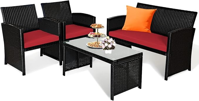 Tangkula Patio Wicker Conversation Furniture Set, Patiojoy Sofa & Table Set w/4