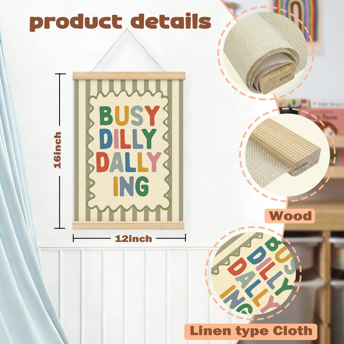 STHTTSW Playroom Wall Decor, Positive Quote Busy Dilly Dallying Art, Boho Classroom Decor, Apartment Nursery Wall Art for Toddler Boys Girls, Kids Room Baby Room Essentials, 12x16 Inches
