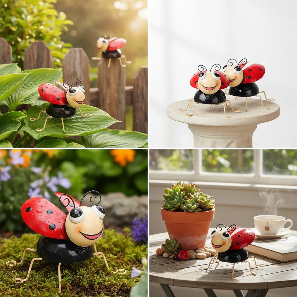 Cruis Cuka Metal Yard Art Garden Decor for Outside Cute Red Ladybugs Lawn Patio Ornaments Backyard Decorations Garden Gifts for Mom - Set of 4