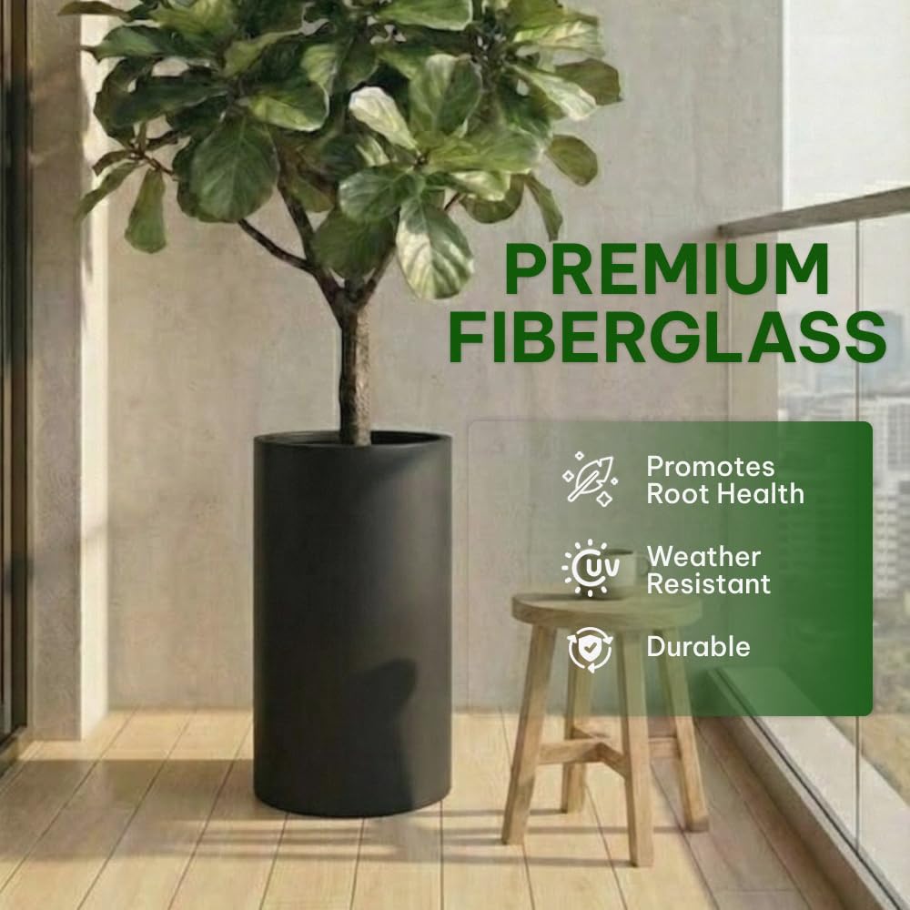 Wil & Vic 89s 15.7'' H x 7.9'' Dia (6.1'' Pot Opening) Jupiter Fiberglass, Cylinder Tall Planter with Drainage Hole, Lightweight, Durable Minimalist Home Decor, Included Extra Coco Mats, Black