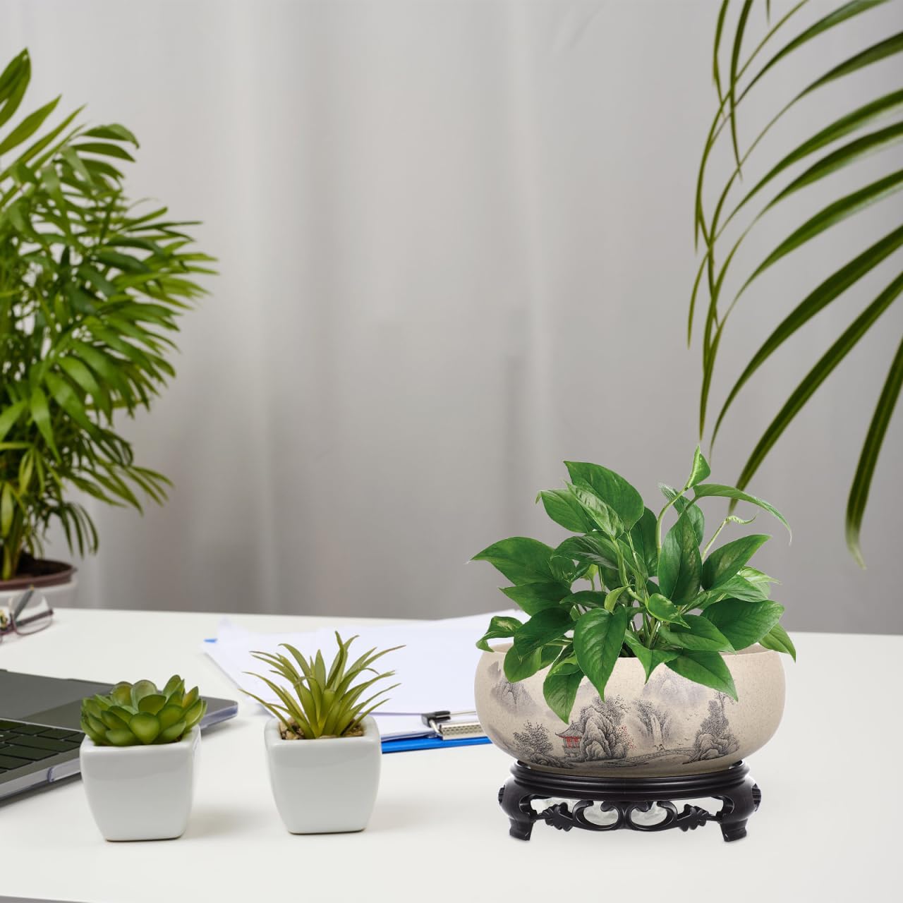 DOITOOL Blue and White Porcelain Planter with Ceramic Base 6.69In Lotus Flower Pot Indoor Hydroponic Bonsai Decorative Plant Container for Home Garden Office