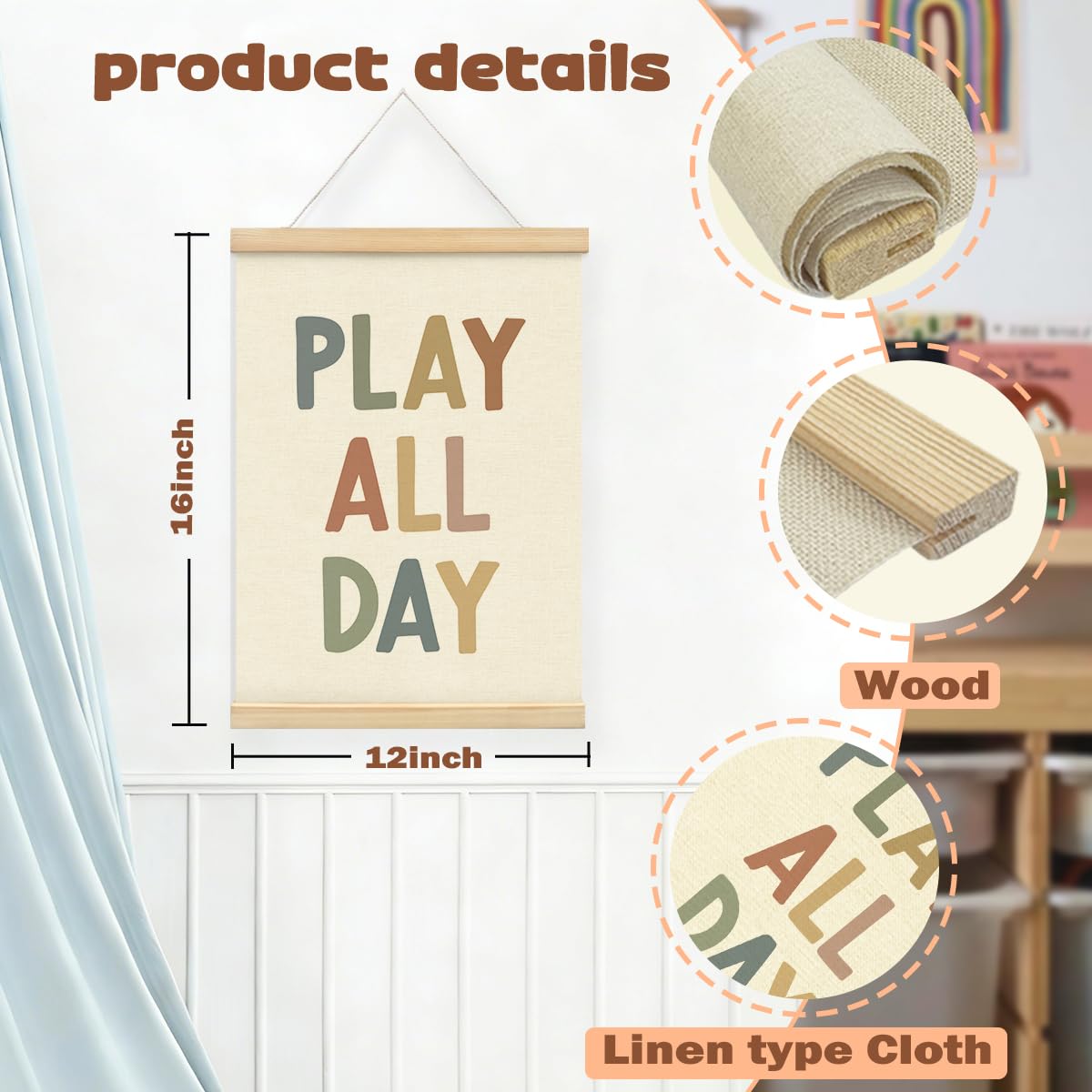 STHTTSW Boho Play Room Wall Decor Poster Hanger Frame, Play All Day Nursery Wall Art Kids Wall Decor, Playroom Art for Toddler Playroom Bedroom Kids Room Baby Girl Nursery,12x16 Inch