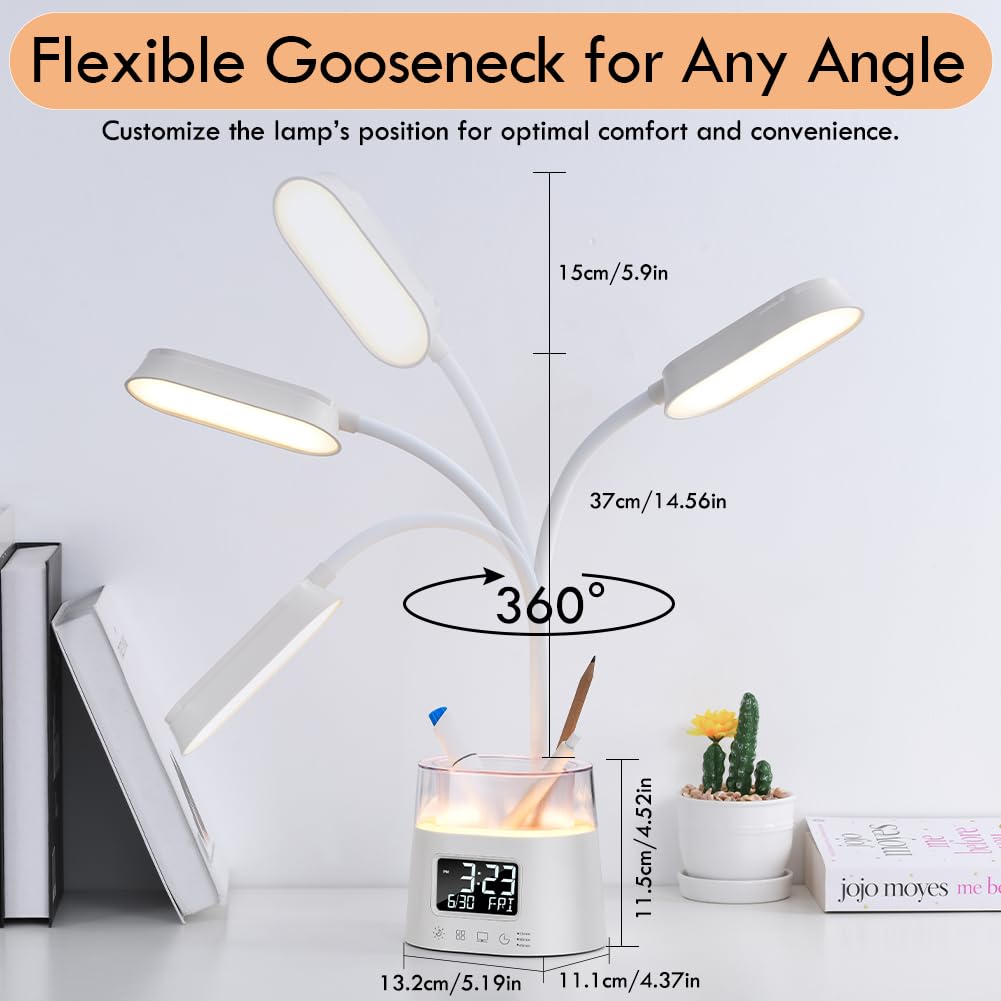 WILIT LED Desk Lamps for Home Office with Pen Holder, Table Lamp for Bedroom with USB Charging Port & Clock, RGB Night Light, Study Lamp for Kids Girls, Desk Light for College Dorm Room Essentials