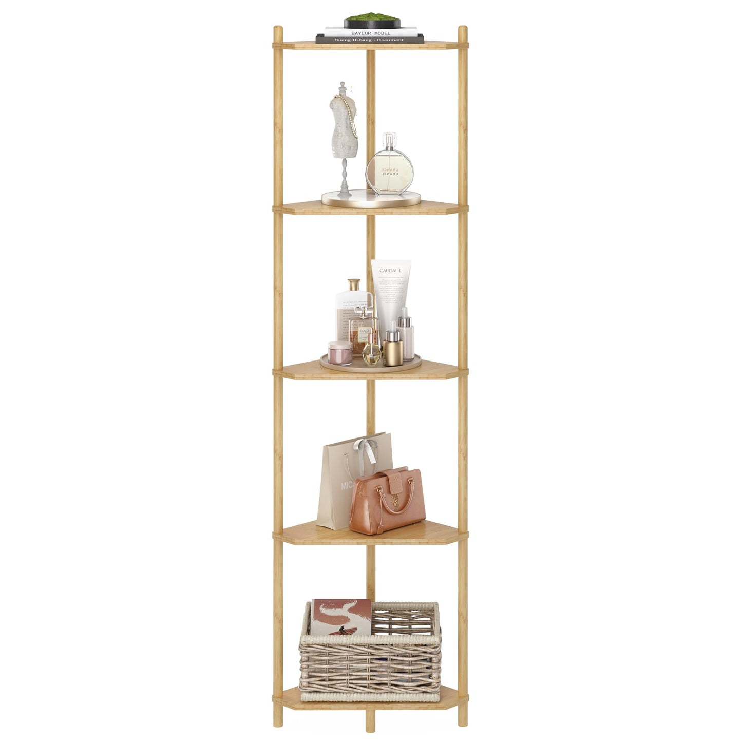 Wisuce Corner Shelf Stand - 5 Tier Natural Bamboo Small Corner Bookshelf for Office Kitchen Bedroom Plant Stand Living Room Decor Small Space