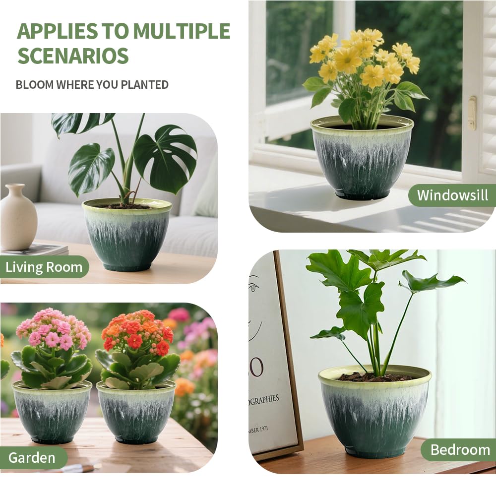 Flower Pots, 8 Inch Plastic Plant Pots for Plants, Set of 4 Planter for Indoor Outdoor Plants with Drainage Hole, Sleek Small Nursery Planting Pot for Home Garden Outdoor Planters(Green Glaze)