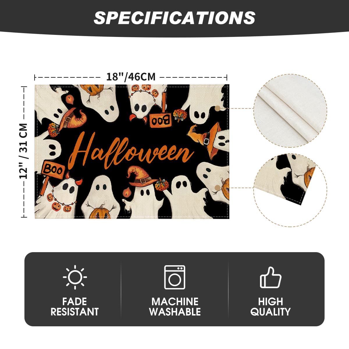 Artoid Mode Ghost Boo Halloween Placemats Set of 6, 12x18 Inch Seasonal Table Mats for Party Kitchen Dining Decoration