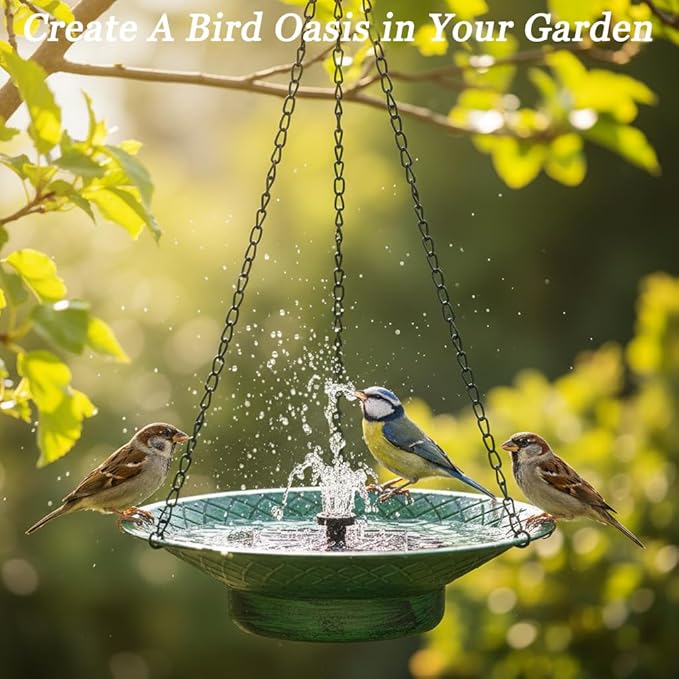 Hanging Bird Bath with Solar Fountain, 12.6" Solar Powered Bird Bath, Metal Hummingbird Fountain Bird Bath for Garden, Patio, Lawn Decor, Green
