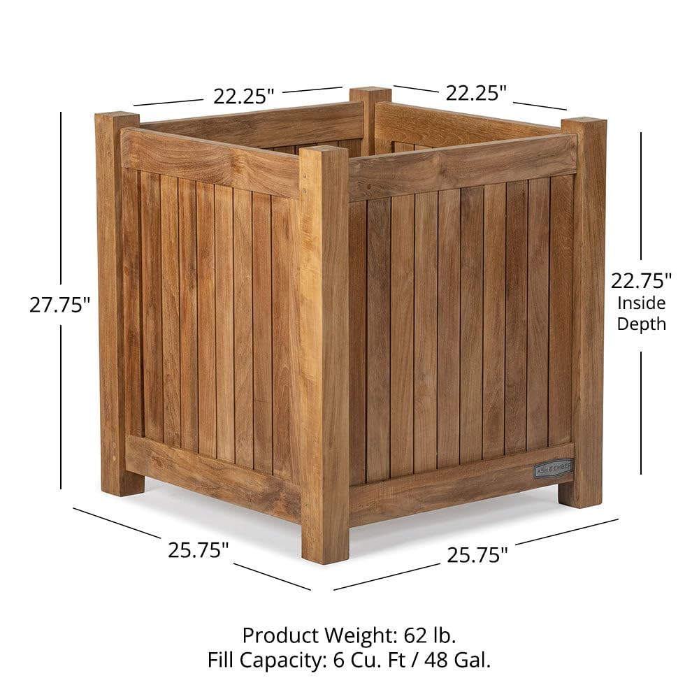 TITAN GREAT OUTDOORS Ash & Ember Grade A Teak Square Planter Box, 6 Cu FT / 48 Gal Fill Capacity, 26x26x28 Naturally Weather-Resistant Planters for Outdoor Plants, Outdoor Patio & Garden Decor