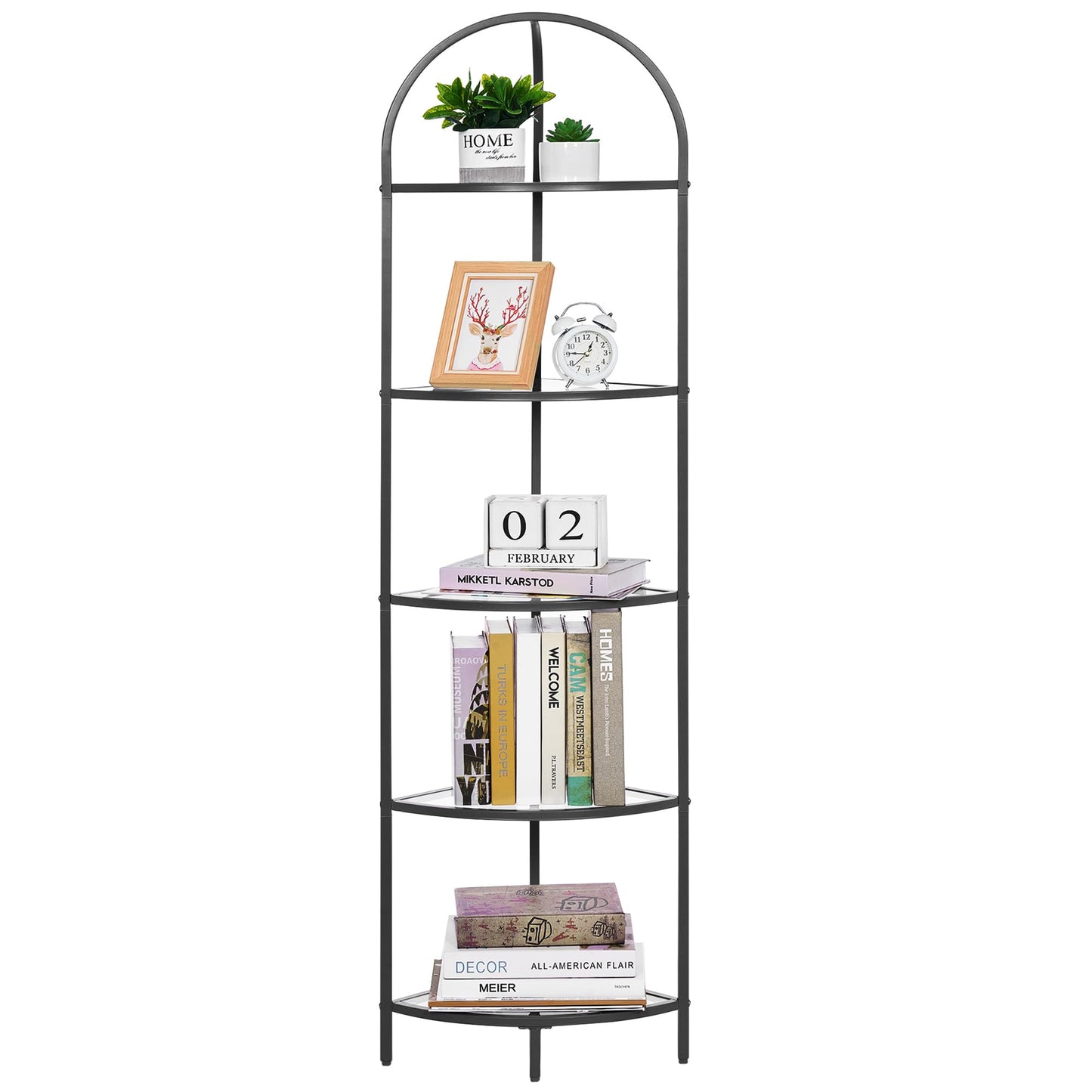 Homhedy 5-Tier Corner Shelf Stand, Metal Corner Bookshelf, Tempered Glass Shelves, Bathroom Storage Rack Shelf, Plant Stand, Modern Style, Black