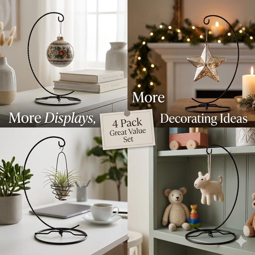 HOHIYA 4 Pack Black Ornament Display Stand 9.5” Twist Wire Holders for Glass Terrarium Air Plants Christmas Halloween Easter Ornaments Tabletop Metal Display Rack