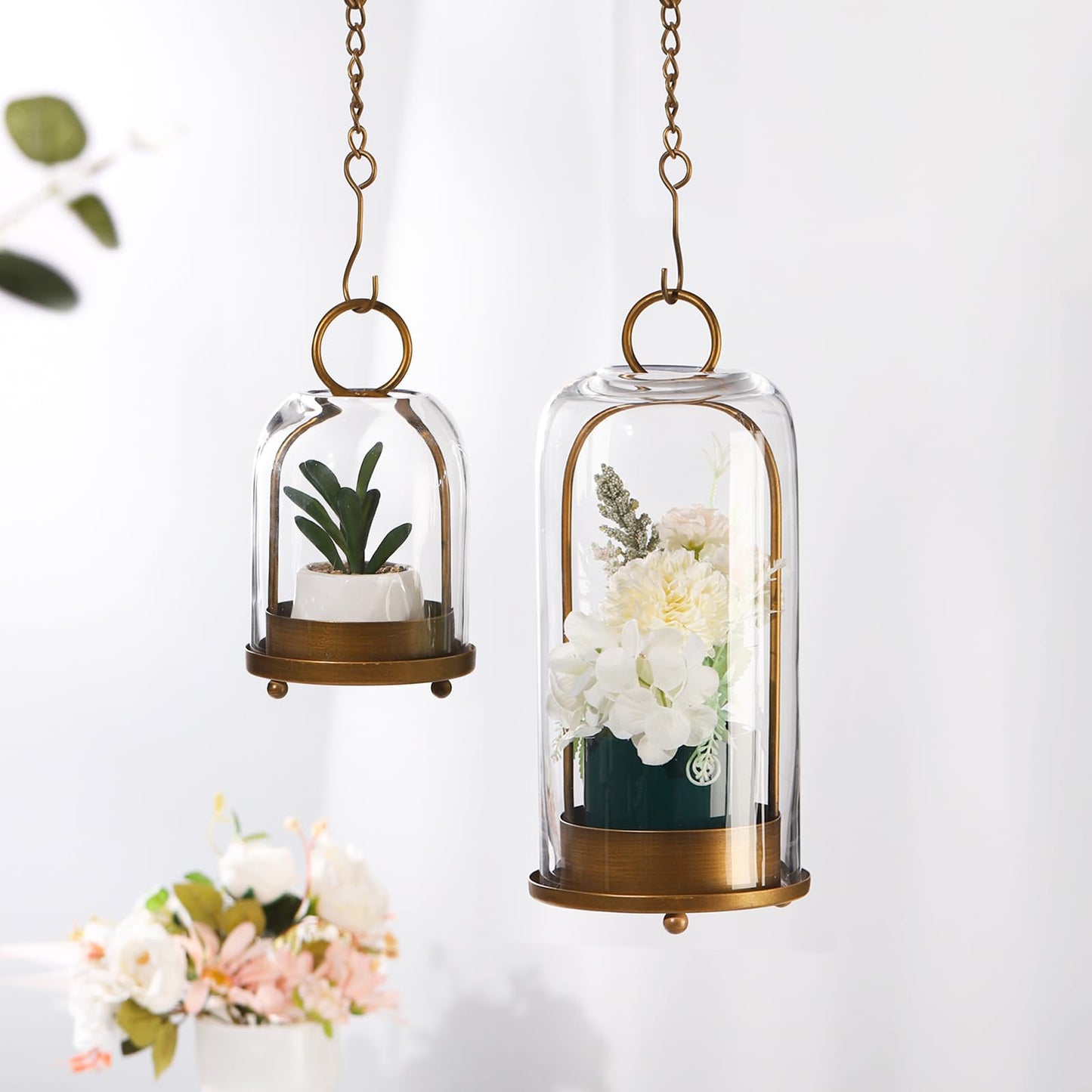5" & 4" Wide Versatile Metal Candle Holder with Handmade Sturdy Glass Dome in Brass for Pillar Candle & Plants, 5.1" xH11.8 4" xH7.5, Industrial, Farmhouse, Shabby Chic. (2, Brass, Large & Small)