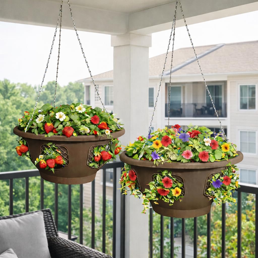 smart spring Ultimate Hanging Baskets - Strawberry, Tomato, Flower, and Herb Outdoor Planters - Use Garden Pots for Growing Plants Outside On A Deck, Fence, or Balcony (Mocha 2pk)
