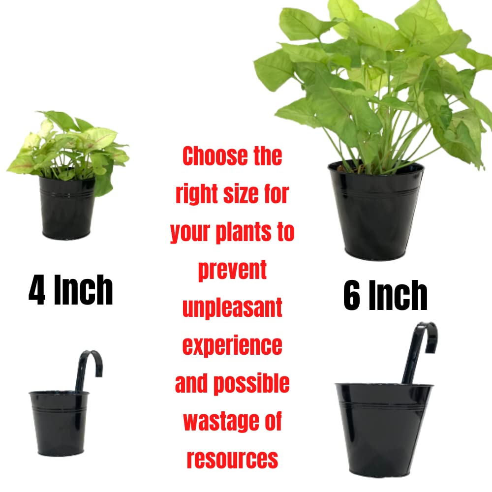 LaLaGreen Bundle - 10 Pack, 6 Inch Black + 4 Pack, 11.2 Inch Black Metal Pots,Large Iron Fence Bucket Plant Flower Herb Planter Box Balcony Rail Window Patio Porch Hook Decor Outdoor Farmhouse Design