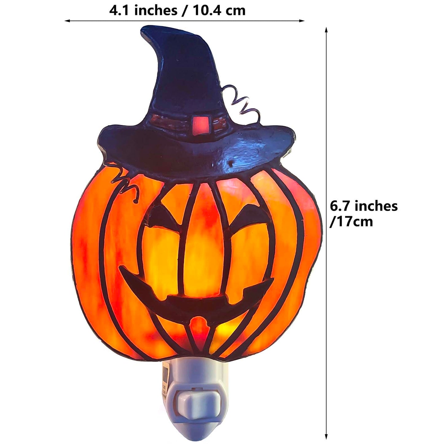 Bieye L13009 Pumpkin Night Light, Tiffany Style Stained Glass Plug-in Wall Lamp with Witch Hat, Handmade Halloween Jack-Oβ-Lantern Nightlight, 1 x E12 LED Bulb Included, 4.1" W x 6.7" H
