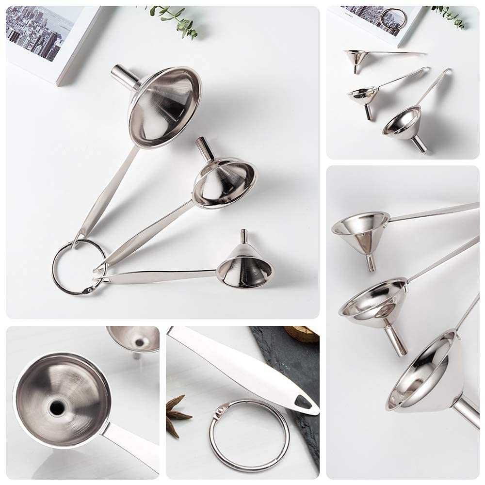 3 in 1 Metal Funnels for Filling Bottles Stainless Steel Small Kitchen Funnel Set for Transferring Essential Oils Liquid Fluid Spice Dry Ingredients Powder, Durable (Long-Handled Funnel)