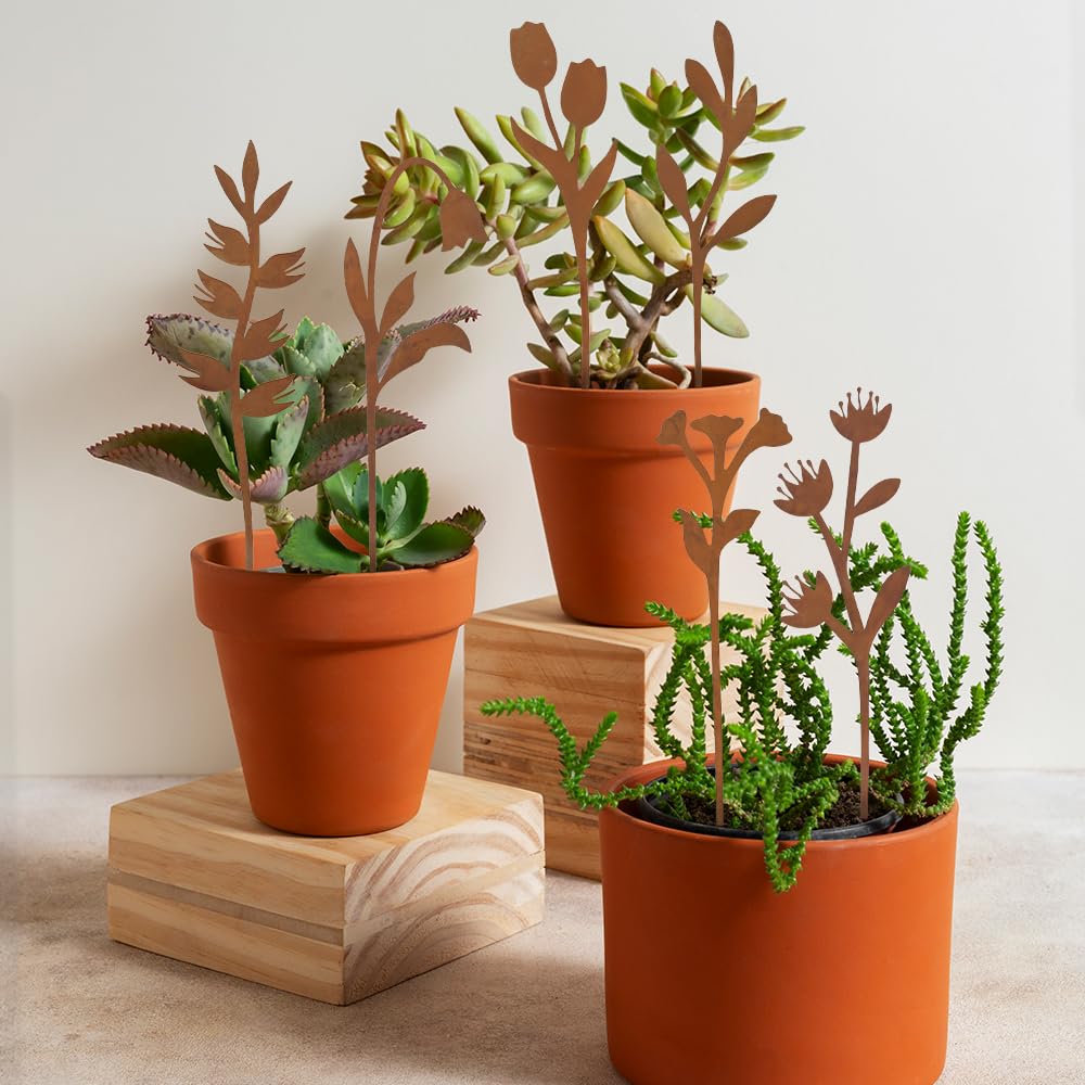 hogardeck Garden Decor for Outside, 6 Pcs Rusty Metal Flower Garden Stakes with Fern Leaf Design for Outdoor Yard Art, Rustic Plant Stakes for Flower Bed, Pot, Vase