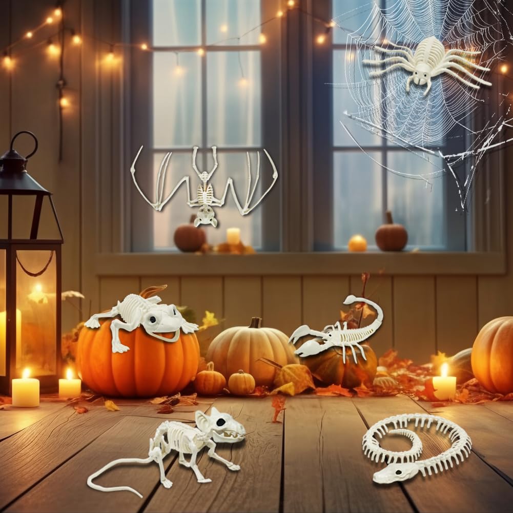 LUKBERA 6pcs Halloween Animal Skeletons, Bat Frog Scorpion Spider Snake Rat Skeletons for Halloween Party Haunted House Graveyard Scene Decoration