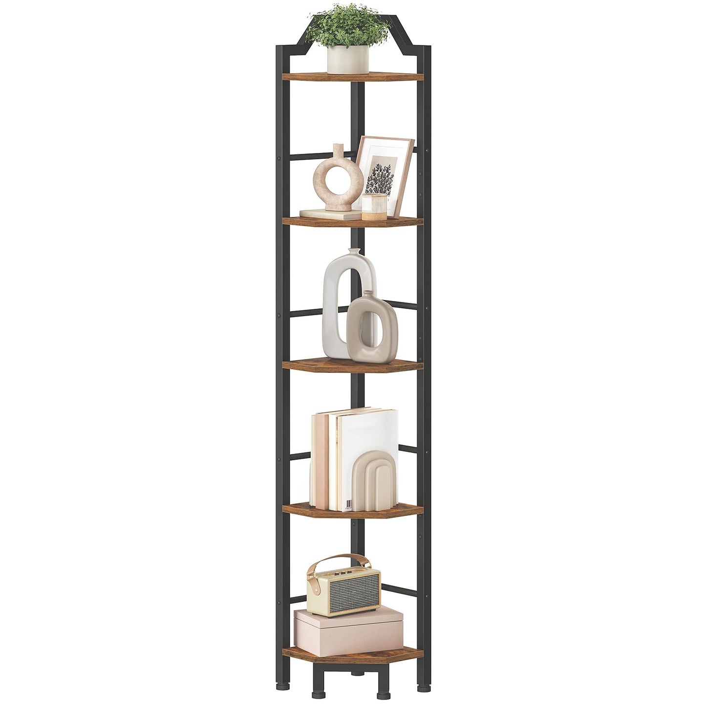 HOOBRO Narrow Corner Shelf Stand, 5-Tier Corner Shelf, 63” Tall Multipurpose Corner Bookshelf, Standing Display Shelf Plant Stand, for Living Room, Study, Kitchen, Rustic Brown and Black BF100CJ01