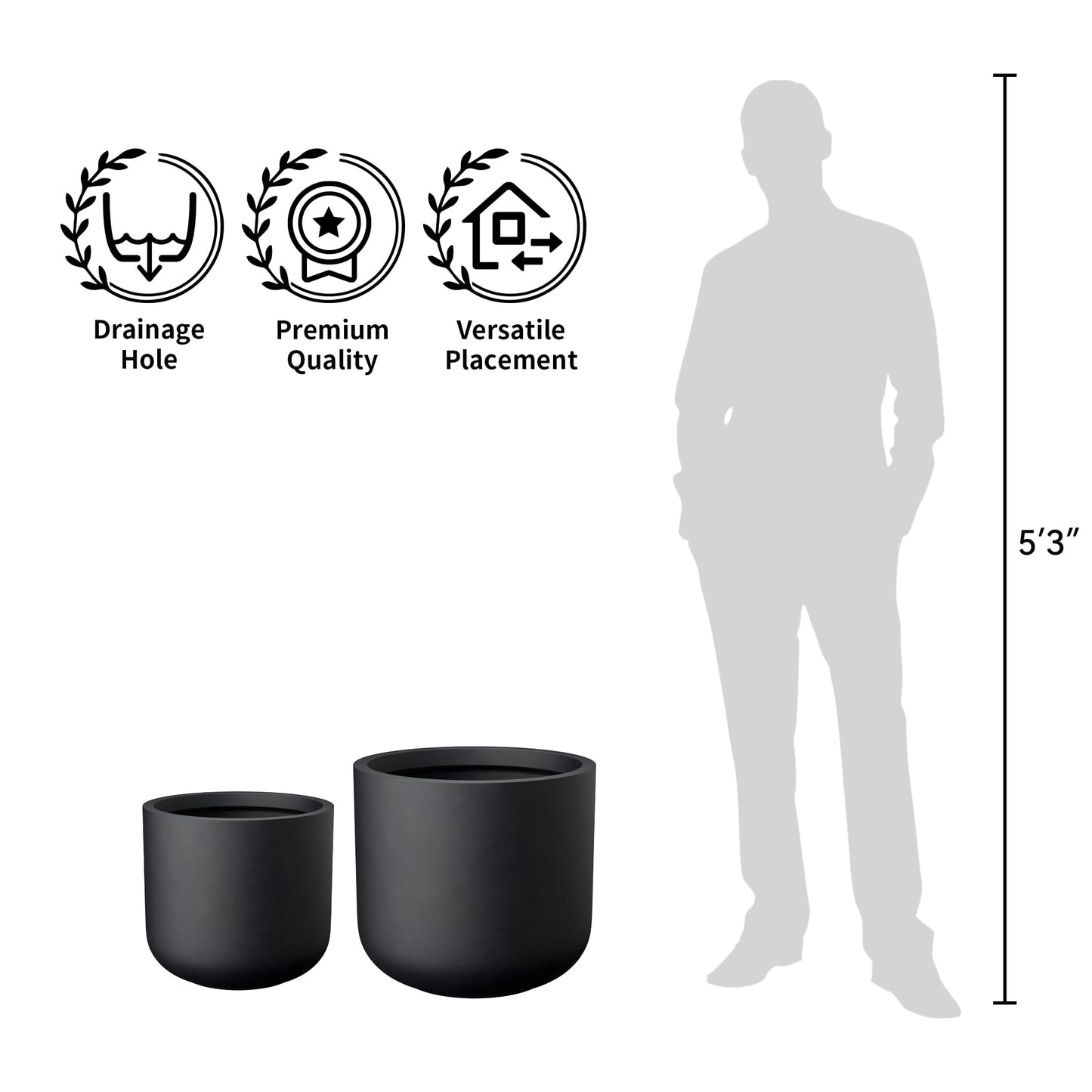 Kante Round Concrete Planter, 13.8 Inch Dia Classic-Style Large Pot with Drainage, Black Finish with Painted Interior, for Indoor & Outdoor Plants, Home, Patio and Garden