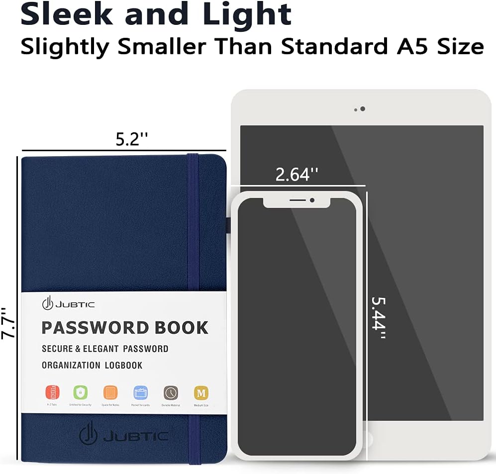 JUBTIC Password Keeper Book with Alphabetical Tabs. Medium Size Password Book for Seniors, Internet Website Address Log in Detail. Hardcover Password Notebook for Home Office, Navy Blue