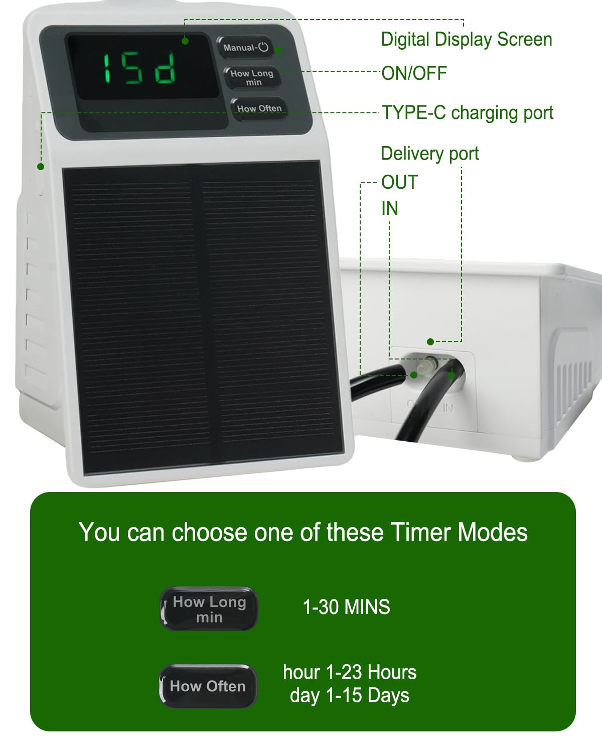 Solar Automatic Drip Irrigation System, 15 Pot Self Watering System with 2200mAh, IPX5 Waterproof, USB-C & Solar Charging, Timer Modes for Indoor/Outdoor Garden, Balcony & Patio