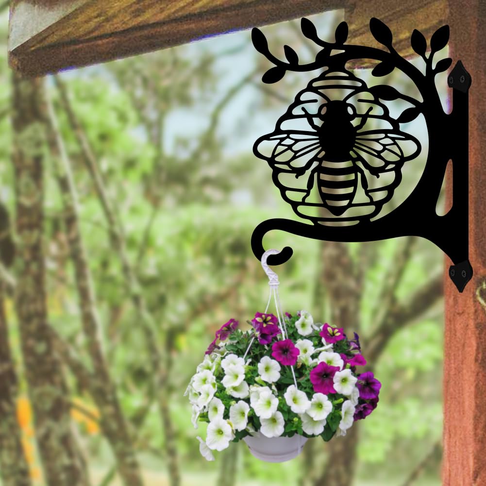 peacoblue Iron Plant Hangers Hooks 11.6"x15.2" for Outdoor Indoor Hanging Plants Flower Fern Pots Lantern Bird Feeder, Weather Resistant Metal Wall Holder for Porch Garden(Bee with Beehive on Branch)