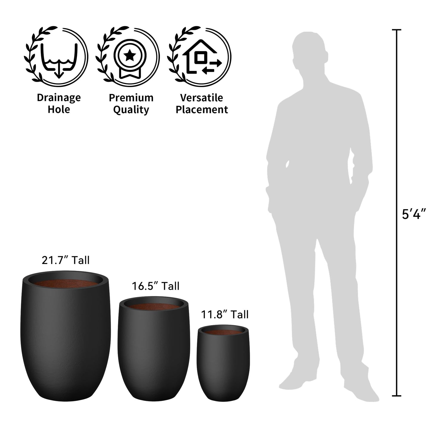 Kante 11.8 Inch Tall Concrete Planter, Large Indoor Outdoor Plant Pot with Drainage, Smooth Black Finish with Painted Interior, Ideal for Porch, Home, Garden, Patio