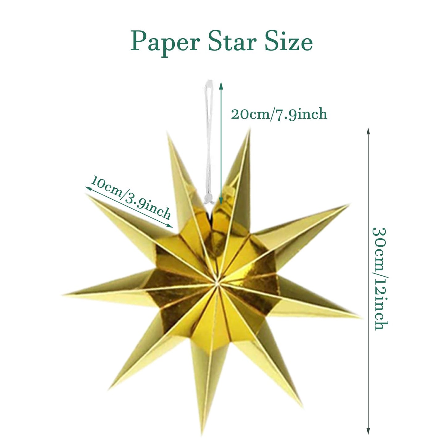 5Pcs Gold Christmas Paper Star,12 Inch Large 9 Pointed Hanging Star Lantern for Xmas Tree,Fireplace,Porch,Birthday Party,Home Decor