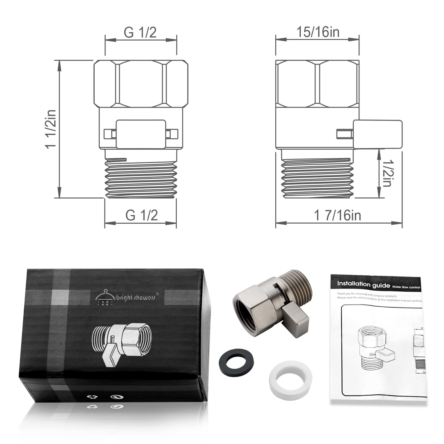 BRIGHT SHOWERS Water Flow Control Valve, Brass Shower Valve with Handle Lever, Flow Regulator Water-Saver Volume, Brushed Nickel