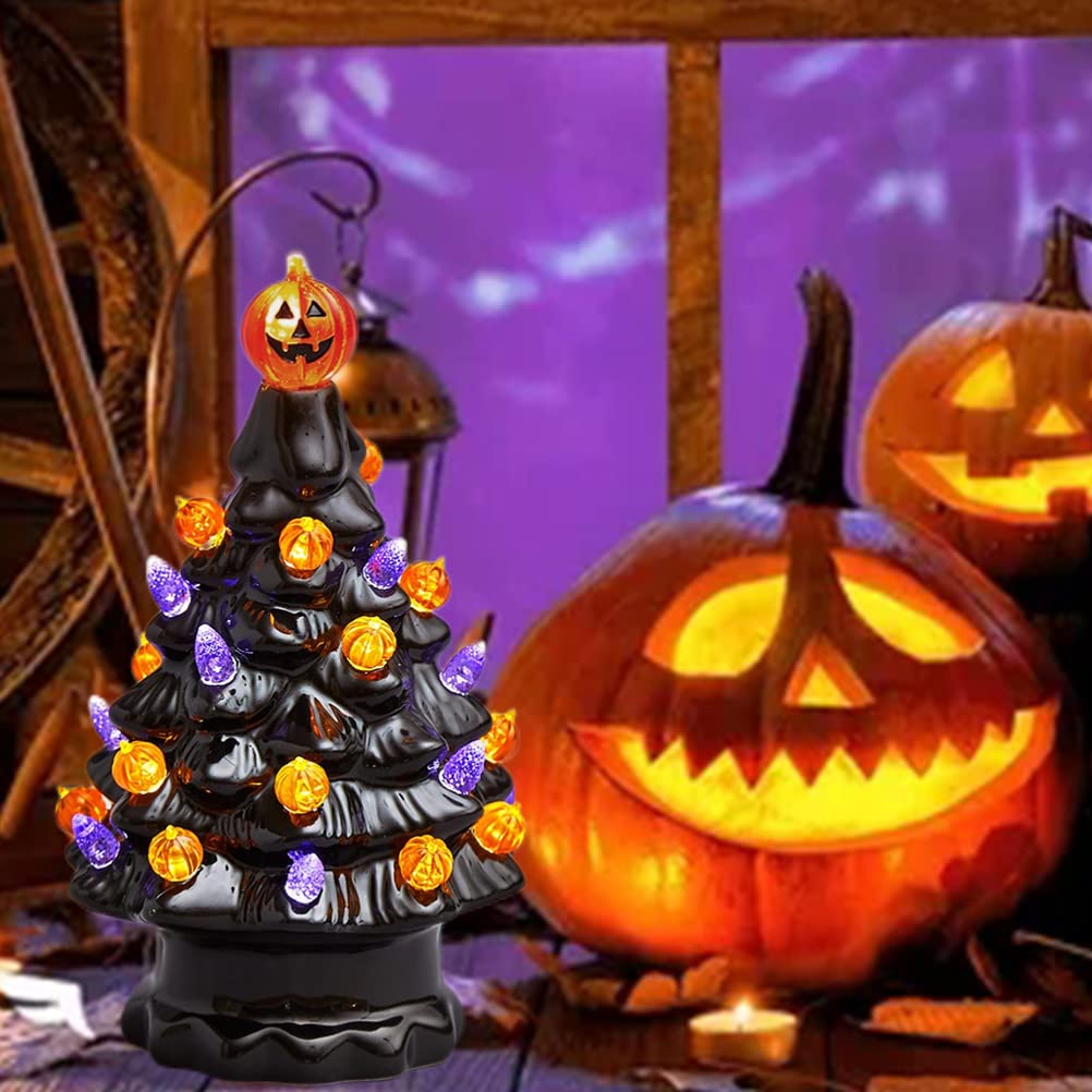 Halloween Ceramic Tree Decorations, Lighted Black Ceramic Tree with Glowing Pumpkin Lights Battery Powered Tabletop Lamp for Indoor Home Office Halloween Fall Decor, 3.94x6.81in