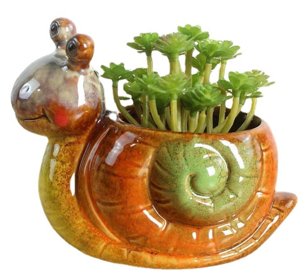 Ruoxian Cute Animal Shaped Planter Flower Pot Frog Shape Small Succulent pots with Drainage Ceramic Animal Planter (Snail)