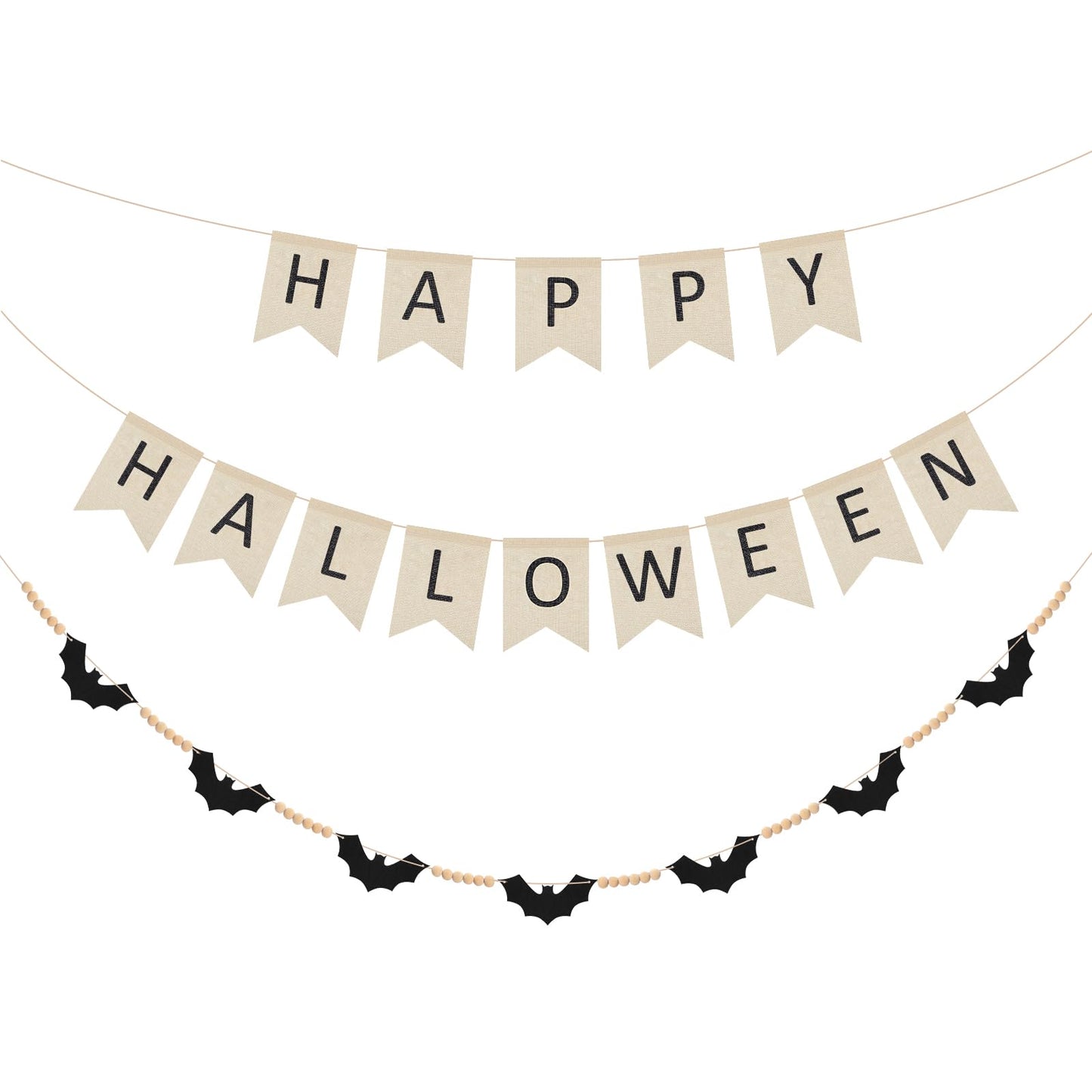 SmoothNovelty 2 Sets Halloween Decoration Wooden Felt Bat Bead Wreath Banner and Halloween Pull Flag Banner for Farmhouse Bat Wreath Decor for Mantel and Wall