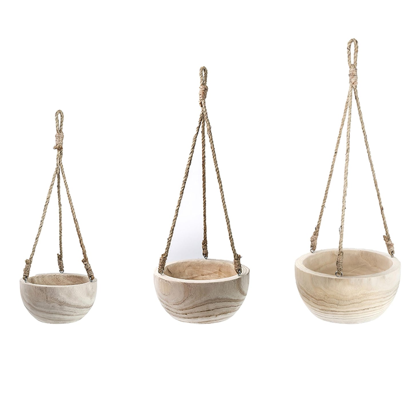 CYS EXCEL Meduim Wooden Hanging Planter Paulownia Wood Bowl Basket with Jute Rope for Indoor Plants Succulents