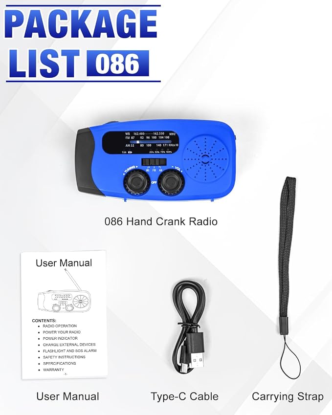 Hand Crank Radio with AM/FM/NOAA Weather Bands,for Emergencies, Camping | 3 LED Flashlights,SOS Function,Solar Powered,Hand Cranked, 2000mAh/7400mWh Charger,for Power Outage - Blue
