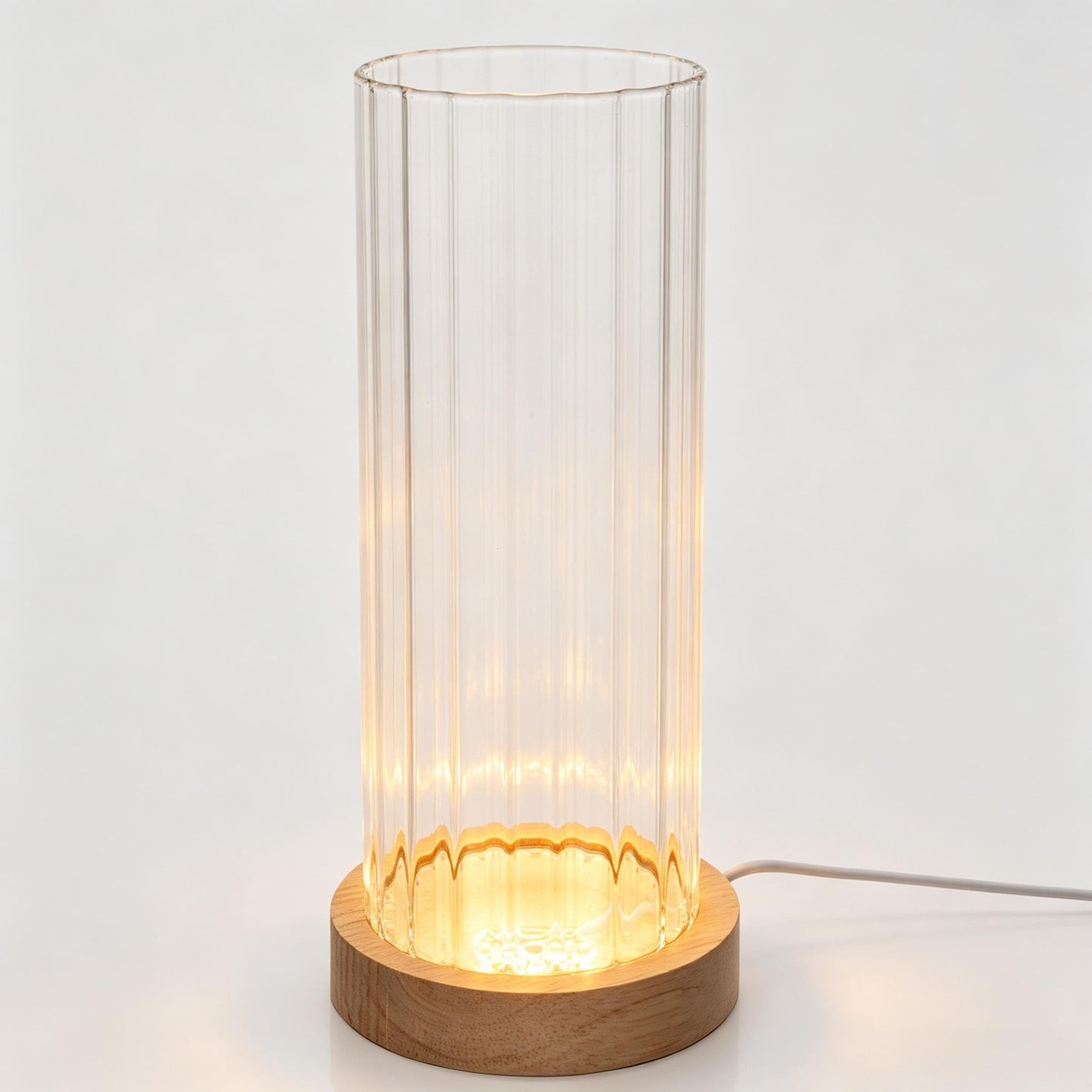 Wisifayardin Ribbed Glass Cylinder Vase with LED Light Base - 7.9 Inch Clear Fluted Bud Vase for Flowers Pampas Grass, Light Up Terrarium Fish Bowl Centerpiece, Home Decor Gift