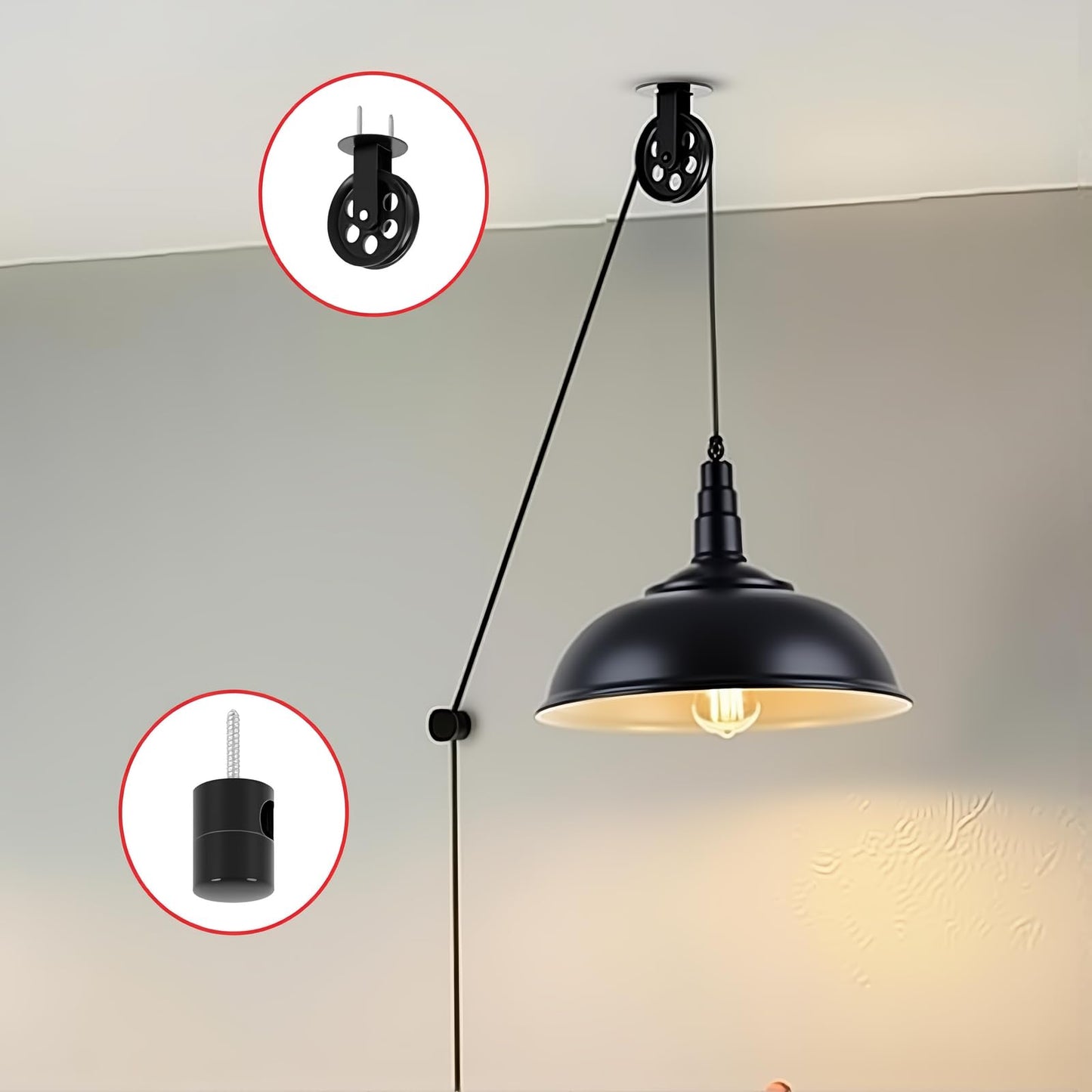 OZXNO 1 Pcs Pulley for Pendant Light 2.76” Pulley Wheels Vintage Wall Ceiling Mount Pulleys for Hanging Lamp with 1pcs Lamp Hook