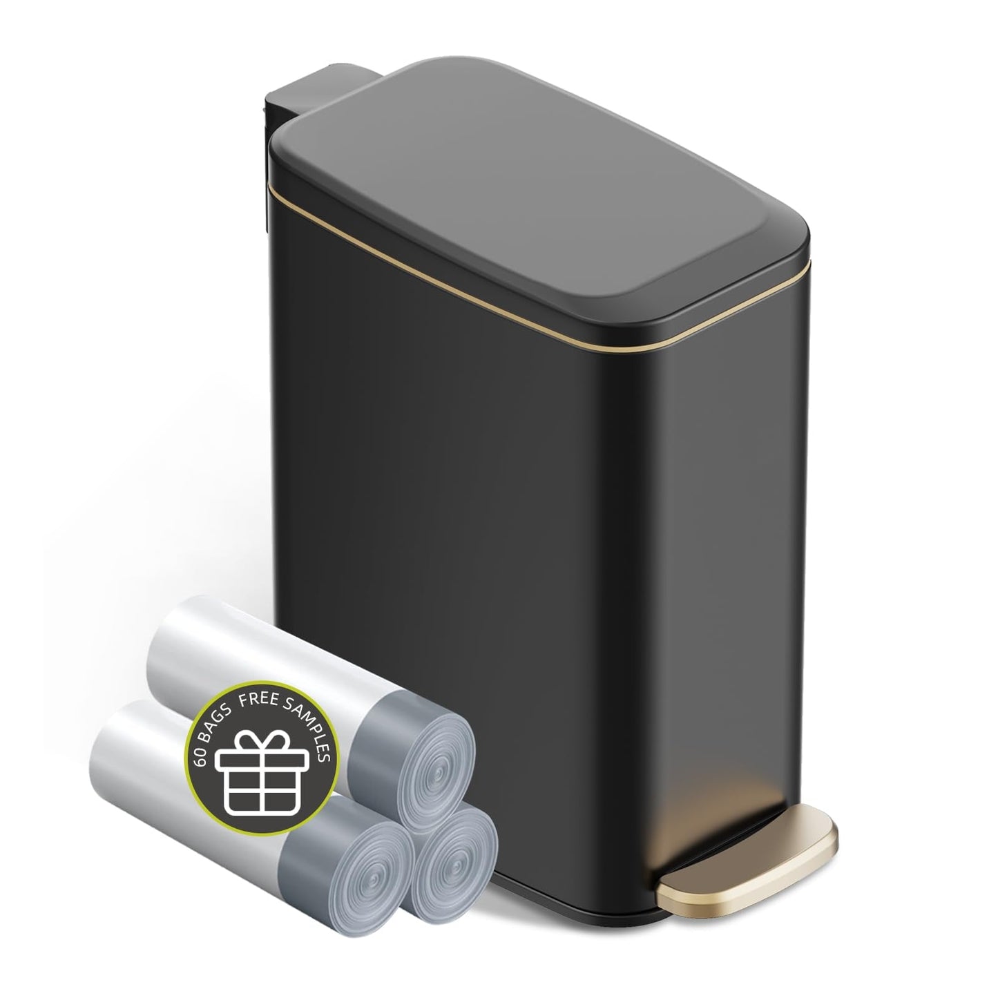 KSSKSS Small Bathroom Trash Can with Lid Soft Close, Step Pedal, 6L / 1.6 Gal Stainless Steel Garbage Bin with Removable Inner Bucket, Slim Wastebasket for Narrow Spaces (Black)