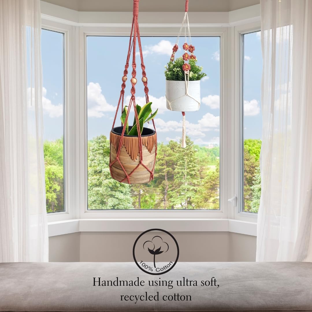 Set of 2 Macrame plant hanger with Daisies & Beads | Hanging plant holder Macrame Plant hangers outdoor and indoor hanging planters Plant stand indoor Boho Decor hanging planter stand (Cafe Latte)