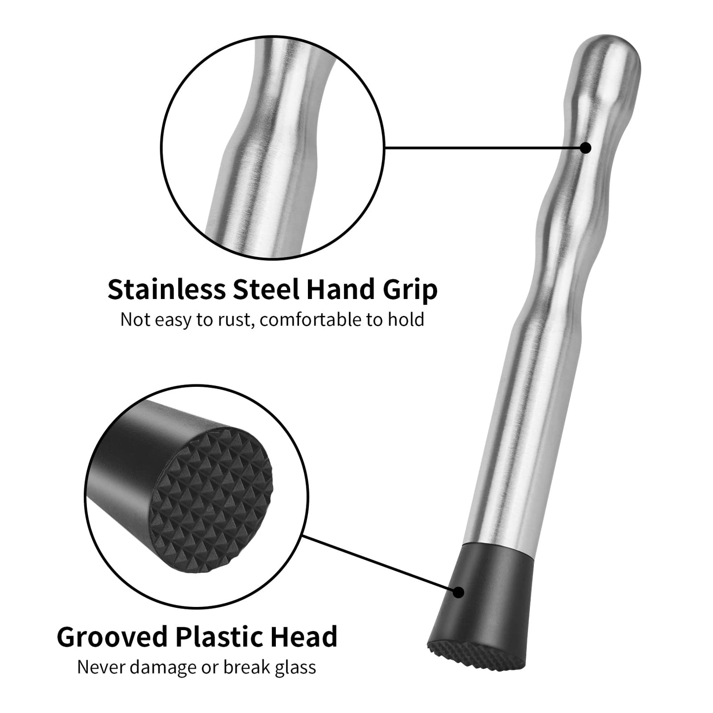 Muddler for Cocktails Bar Spoon - Vaincre 2PCS 9" Muddler and 10” Mixing Spoon Cocktail Mixing Stirrer, Stainless Steel Bar Accessories Tools Long Drink Stirrer Bartender Gifts for Mojitos Drinks