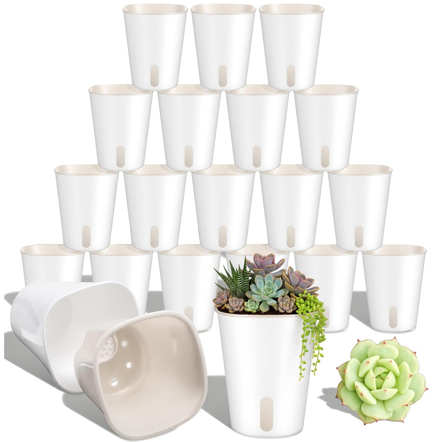 Xaajooio 20 Pcs 3 Inch Self Watering Planters with Water Level Indicator and Vent Holes, Indoor Garden Pots for Succulents African Violets
