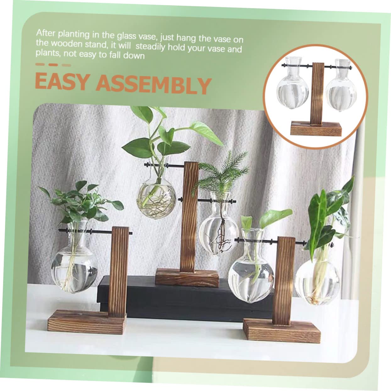 Kisangel Hydroponic Glass Flower Vase with Wooden Stand 2pcs Planter Pot for Indoor Plants Modern Terrarium for Home and Office Decoration