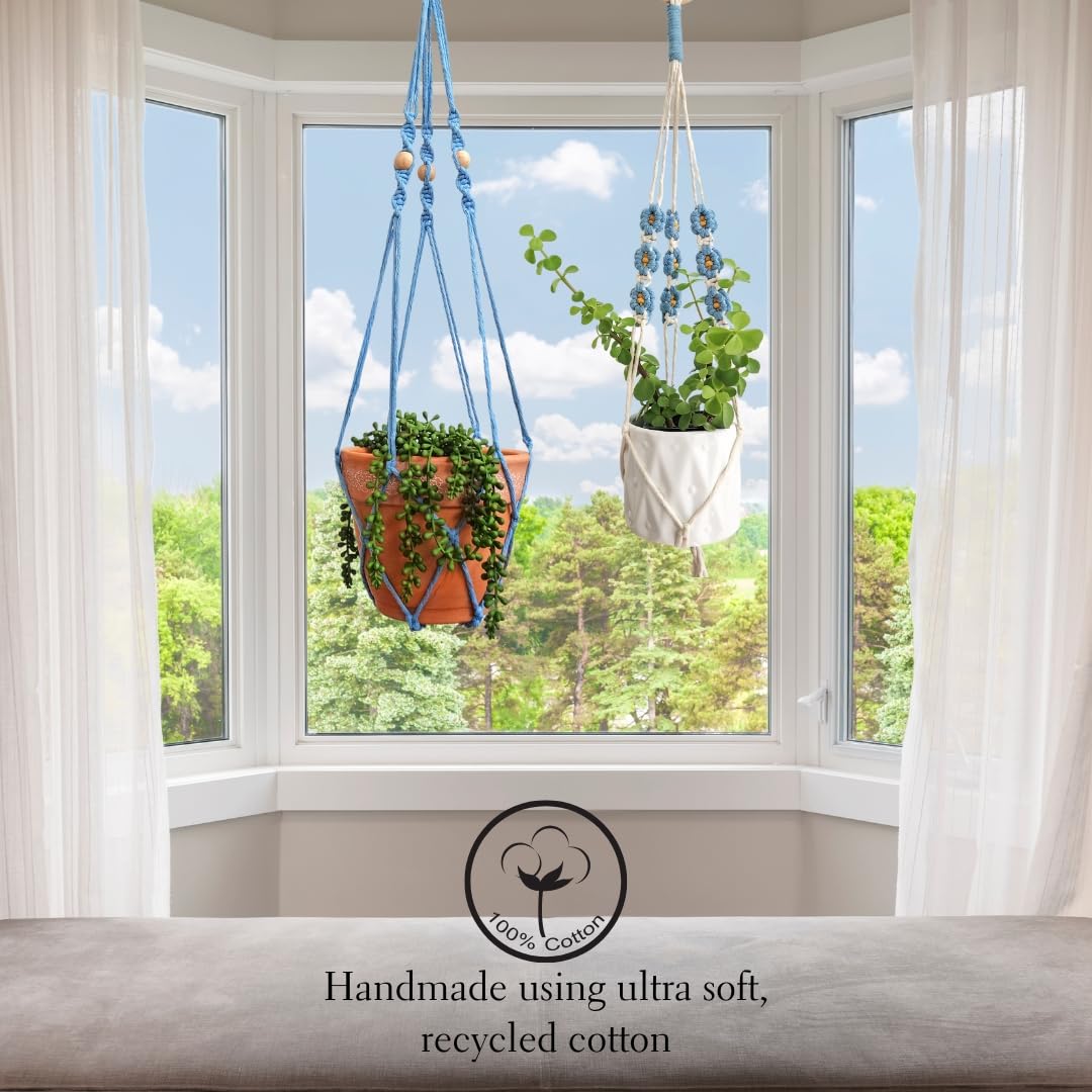 Set of 2 Macrame plant hanger with Daisies & Beads | Hanging plant holder Macrame Plant hangers outdoor and indoor hanging planters Plant stand indoor Boho Decor hanging planter stand (Cloudy Day)