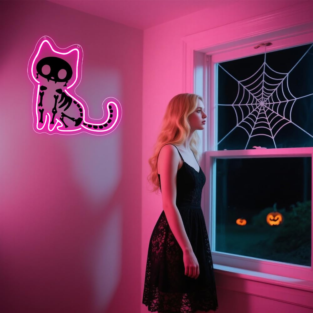 Cat Neon Sign,Pink Dimmable LED Light Signs for Wall Art Decor,Halloween Backdrop for Bedroom Club Party,Animal Gift for Boys Girls Teen USB Powered(11.8"*11.6")