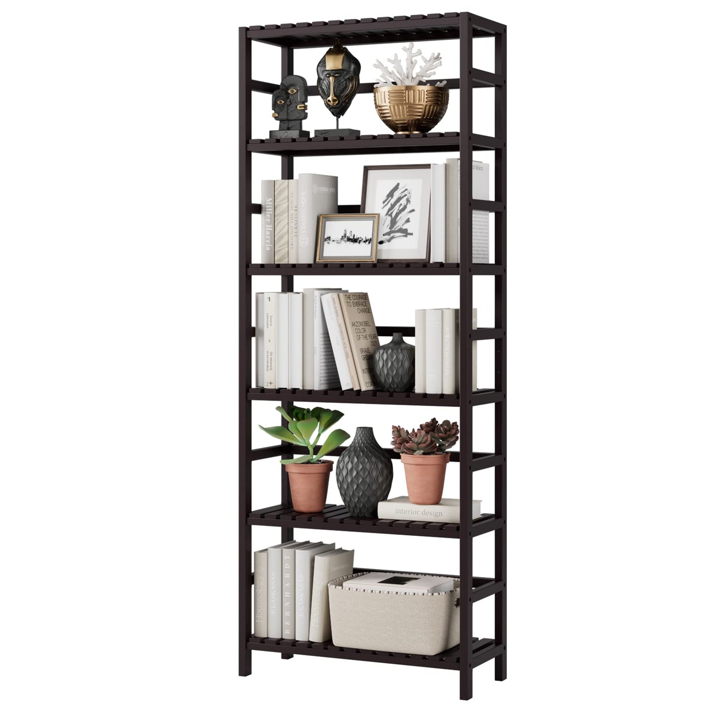 Bamjoy Bamboo Shelf, 6 Tier Bookcase Storage Shelves, Tall Book Rack Shelving Unit, Multipurpose Storage Display Shelf Adjustable Storage Rack for Bathroom Home Office Living Room Kitchen, Dark Brown