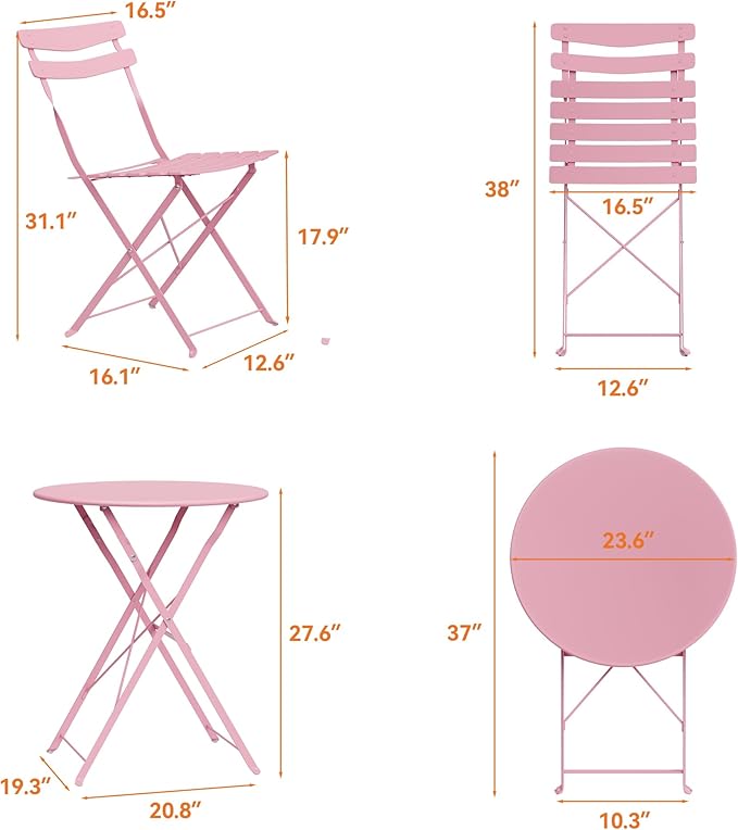 GarveeLife 3 Piece Patio Bistro Set, Folding Patio Bistro Table and Chairs Set